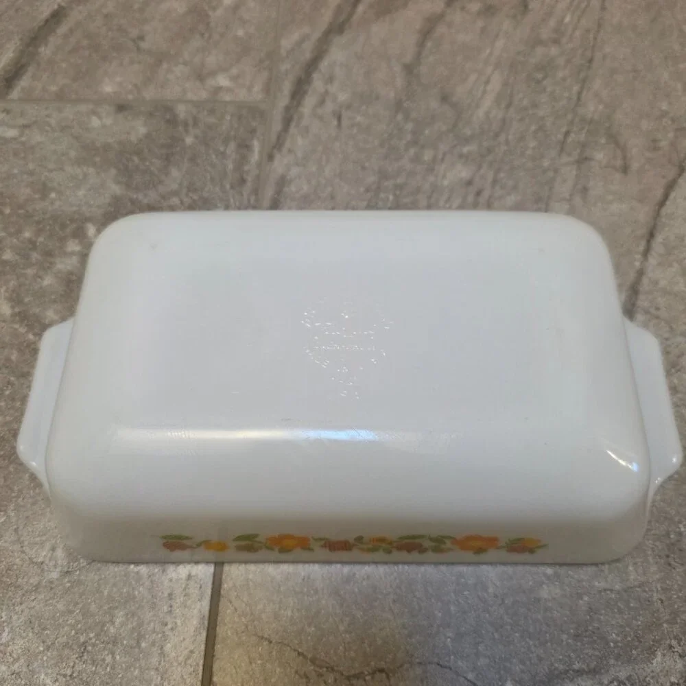 VTG. Fire King Anchor Hocking Gingham Floral 1qt Loaf Pan 441 Made In The U.S.A.